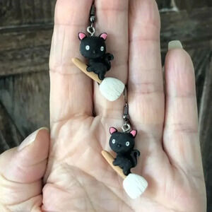 3 for $25/ Black Cats Brooms Handmade Clay Polymer Halloween Earrings NWT